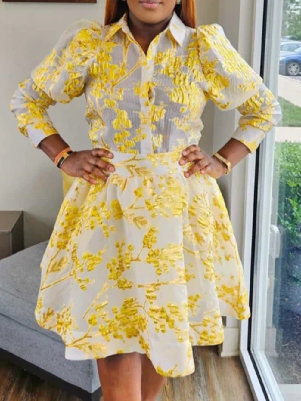 Mulla Yellow Floral A-Line Shirt and Skirt Size Small